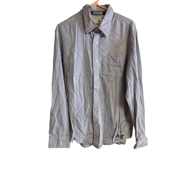 American Eagle Outfitters Blue Vintage Fit Button-Down Shirt With Embroidered Ba - Picture 1 of 9